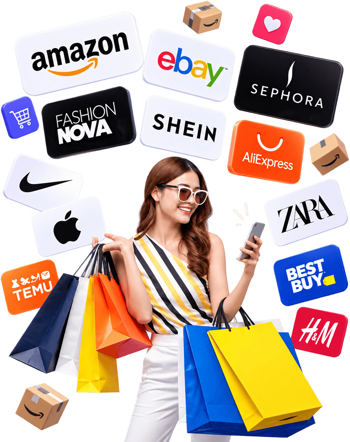 Shopper with bags surrounded by logos of Amazon, eBay, SHEIN, AliExpress, Zara and more